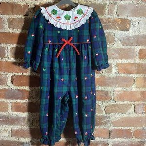 Vintage Glen Plaid Romper Bubble Lace Collar Apple Embroidery 18m